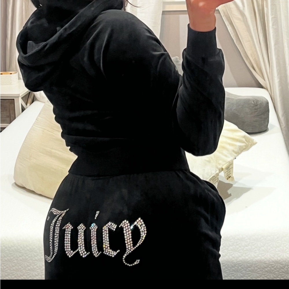 JUICY COUTURE OG Bling Womens Zip-Up Hoodie Black Hoodie and Pants Tracksuit Set